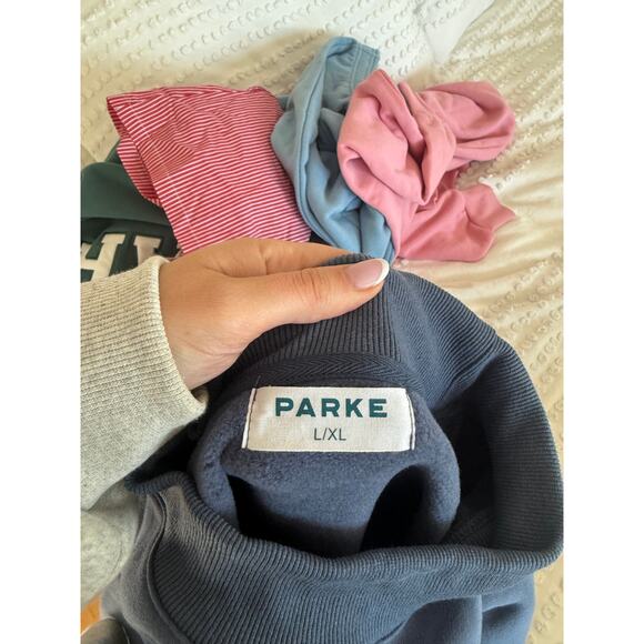 Parke Varsity Pullover Sweatshirt Blue Mockneck Lettering Patch - Picture 2 of 7